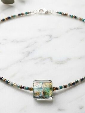 Handcrafted Dichroic Glass Pendant Beaded Choker Necklace